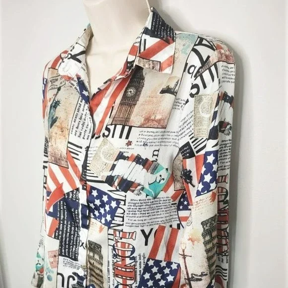 Art to Wear Newpaper Print USA England London Collage Print Button Up Top - Picture 4 of 5